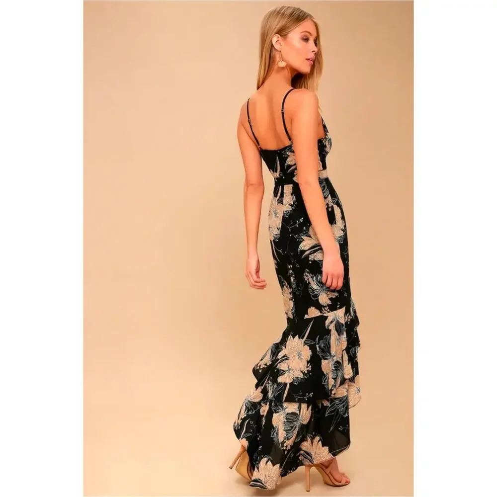 NWT Lulus Darling Daylily Black Floral Print High-Low Maxi Dress. Size L. - Picture 3 of 10